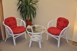 Ratanová sedací souprava Bahama bílá 2+1, polstry vínový melír