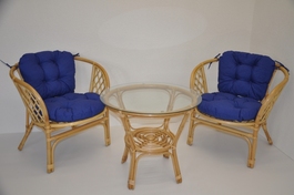 Ratanová sedací souprava Bahama malá medová polstry tmavě modrý melír