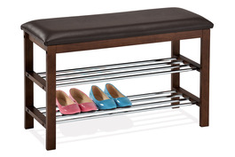 83168-06 WAL - Botník / taburet, 2 police, potah hnědá ekokůže, masiv kaučukovník, moření ořech