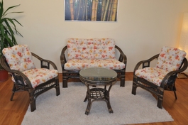 Ratanová sedací souprava Rio De Janeiro hnědá polstry motiv květiny