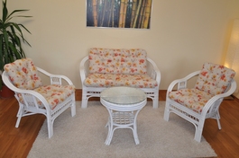 Ratanová sedací souprava Rio De Janeiro bílá polstry motiv květiny