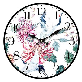 HA1690 - Hodiny nástěnné - pr. 34 cm, MDF, vzor květin s jeřáby