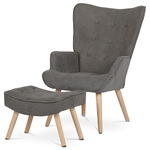 AK-302 LAN2 - Křeslo "ušák" s podnožkou, potah hnědá látka, dřevěné nohy, masiv kaučukovník