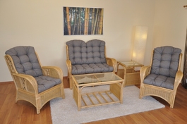 Ratanová sedací souprava Oliver medová, polstry šedý melír