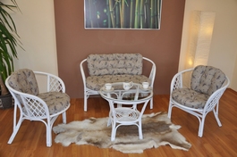 Ratanová sedací souprava Bahama velká bílá, polstr levandule