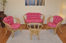 Ratanová sedací souprava Bahama medová velká polstry malinový melír