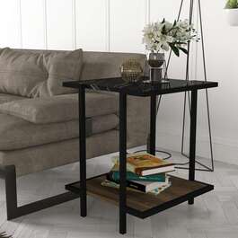 LEOPOLD industriální příruční stolek, ořech/černý mramor