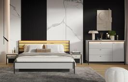 Ložnicová sestava s LED osvětlením, barva šedá/černá/dub