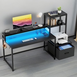 Herní stůl s regálem a LED osvětlením ROFEL, barva černá