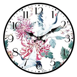 Hodiny nástěnné - pr. 34 cm, MDF, vzor květin s jeřáby