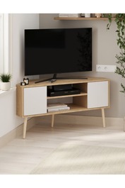 KIBRIS rohový TV stolek, bílá/dub safírový