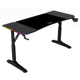 Pevný herní stůl 140x60cm, RGB LED, výběr výšky, melamin, carbon, LT-H1214 BK